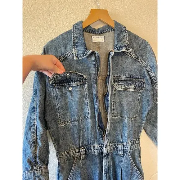 Free People We The Free Western Denim Zip Up Long Sleeve Straight Leg Jumpsuit M - Picture 8 of 15